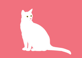 Cute white cat on pink background. Vector illustration.