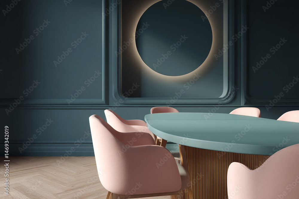 Poster oval teal table with pink chairs in a teal-walled room, featuring a large circular wall element with