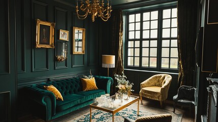 Emerald green interior design, luxurious living room with elegant furniture