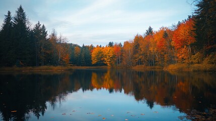 Autumn Reflection in Tranquil Lake Waters with Vibrant Trees and Blue Sky