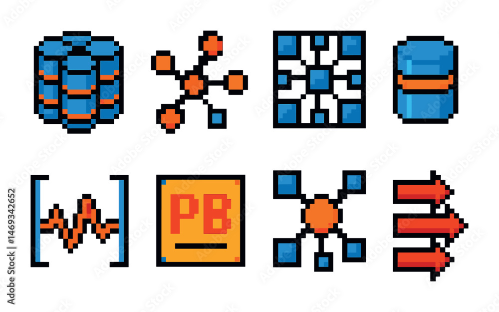 Poster pixel art icons of data management and network systems