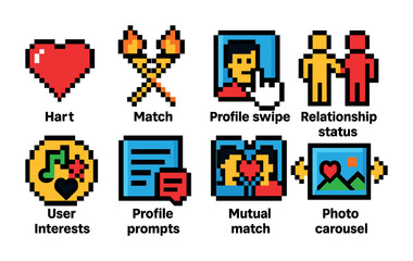 Dating app icons set - pixel art, relationship, matchmaking symbols