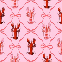 Seamless pattern of lobsters decorated with cute pink bows ribbon Hand drawn Tropical summer beach atmosphere vintage