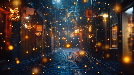 flickering firefly trails on a festive street background