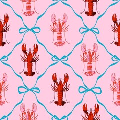Seamless pattern of lobsters decorated with cute blue bows ribbon Hand drawn Tropical summer beach atmosphere vintage