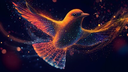 Bird in Flight from Dots and Lines: A bird in mid-flight, its wings and body intricately shaped by a network of vibrant dots and connecting lines.
