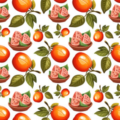 Seamless vector pattern with sliced watermelon, whole persimmons, and green leaves on a white background