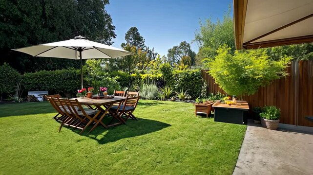 A secluded garden area with a barbecue grill and sunshade for a summer gathering