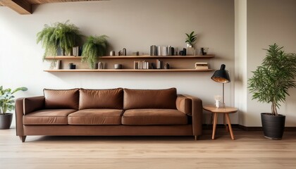 home living room interior with wooden shelves on the wall and dark brown sofa
