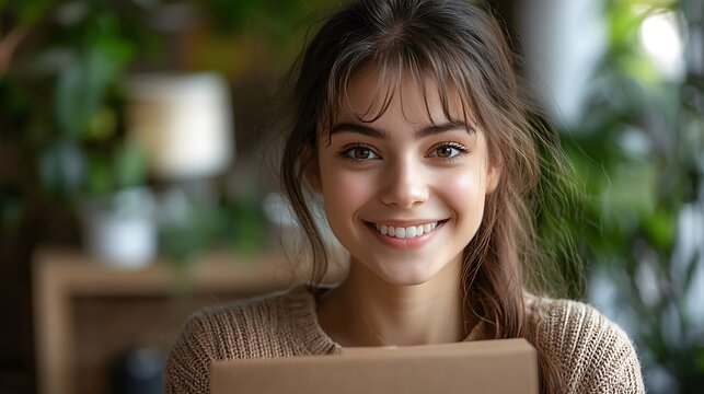 Woman ecstatically unboxing an e-commerce package with a joyful reaction captured in blurry background