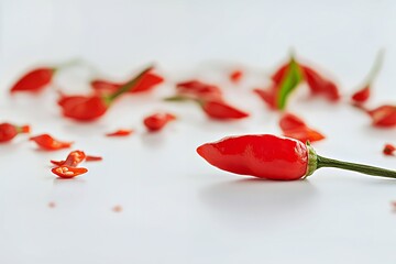 A vibrant red chili pepper surrounded by scattered chili petals.