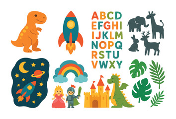 Obraz premium Kids learning flat icons set – alphabet, fun, educational symbols for children