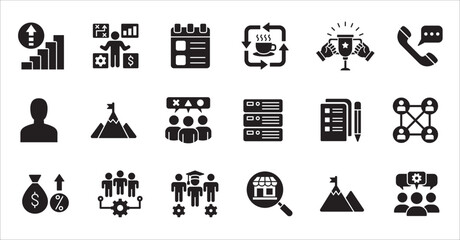 Business company flat icon set. Management icons. Contains symbol of finance, success, data, businessman, target, customer service, work, money, store, meeting, education, idea. Vector illustration