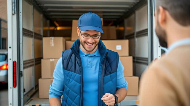 A smiling delivery man hands over a document, standing by a truck filled with cardboard boxes.