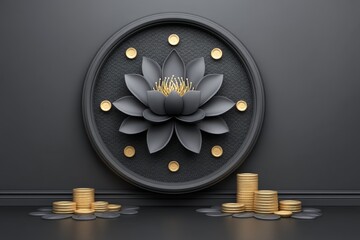 Minimalist icon of Lakshmi lotus with gold coins around it