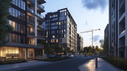 Modern urban living architectural complex with crane in the background