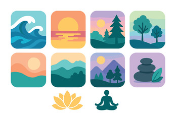 Nature and meditation icons set – flat, outline, wellness and tranquility symbols
