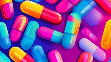 Colorful Capsule Pills on a Vibrant Background, Medical Treatment Concept