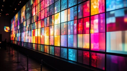 Dynamic wall art installation exhibiting vibrant colors and geometric shapes