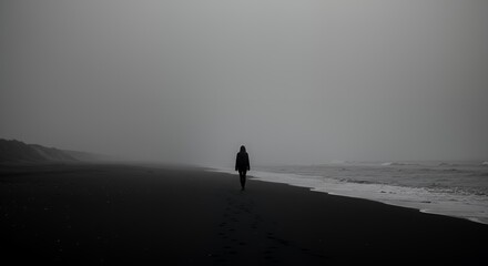 Solitude on a Misty Beach: A Black and White Coastal Scene