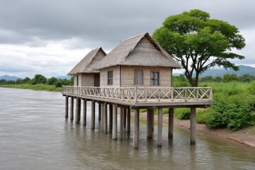 Traditional houses on stilts along the Laos riverbank