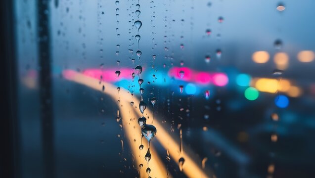Raindrops on Window with City Lights in the Background