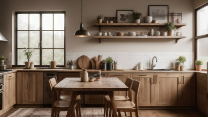 Rustic Kitchen Interior with Wooden Cabinets, Natural Light, and Large Window