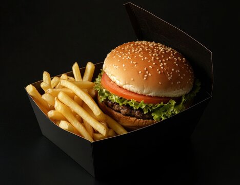 Gourmet burger and fries in a black box