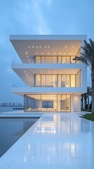 Modern white house with a reflecting pool at dusk.