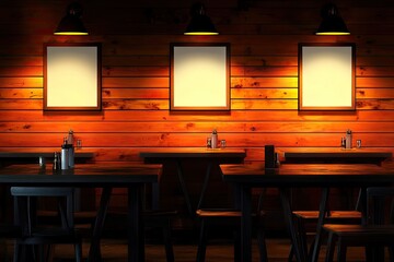 Rustic cafe interior, warm lighting