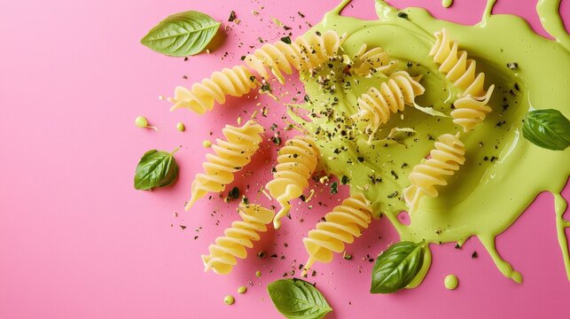 Twisting fusilloni with sweet basil cream sauce splashes on a pastel fuchsia background