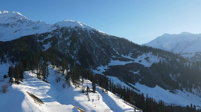 Majestic views of Himalayas, Manali Mountains covered with snow in Himachal Pradesh, India