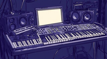 Stylized illustration capturing a music production setup with synthesizers