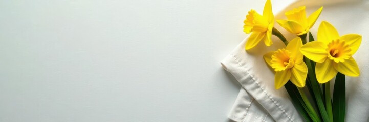 Obraz premium Easter daffodil arrangement, linen napkin, blank card, narcissus, botanical