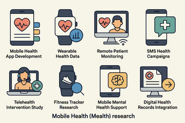 Mobile health icons set – flat, digital healthcare and wellness symbols