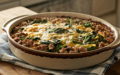 Fototapeta premium Delicious Baked Breakfast Casserole Featuring Sausage,Spinach,Eggs And Cheese In A Rustic Dish