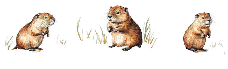 Fototapeta premium Three Cute Water Voles Standing On Logs In A Pond The Voles Are Brown And Furry And Their Paws Are Visible The Logs Are In The Water And There Are Reeds Growing Around Them One Vole Is Sitting On The