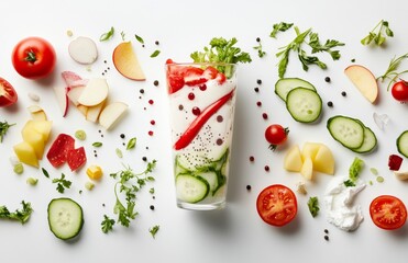 Colorful layered smoothie with fresh vegetables and fruits