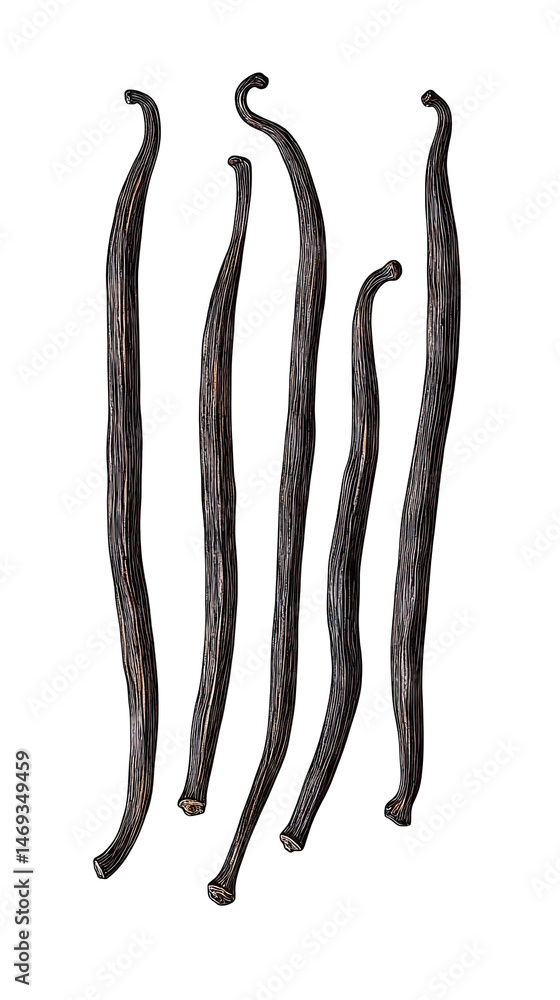 Poster five whole vanilla beans arranged in a row on a transparent background