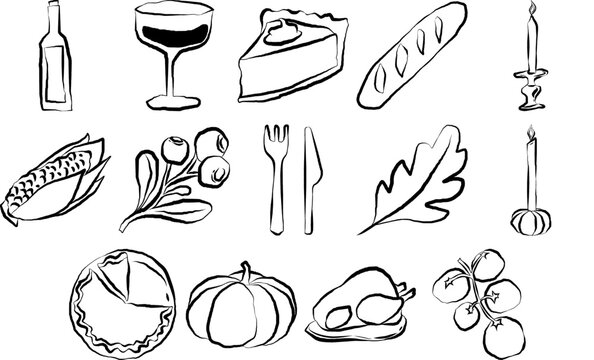 hand drawn thanksgiving whimsical outline thanksgiving doodles dining table vector autumn simple illustration thanksgiving minimal line art pumpkin pie and turkey 