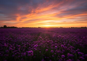 Fototapeta premium Purple Flower Field at Sunset with Vibrant Colorful Sky