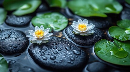 Serene water lilies on dark stones in still water.