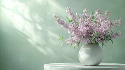 Obraz premium Pastel Lilac Flowers in Vase with Sunlight and Shadows lilac flowers vase sunlight shadows bouquet