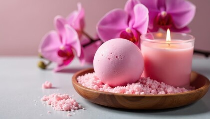 Pink bath bomb, orchid candle, bath salts on wood tray , therapy, pink, wood