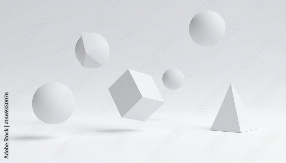 Poster floating geometric shapes in minimalist studio setting abstract art white background creative concep