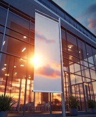 Blank banner advertisement outside modern building at sunset