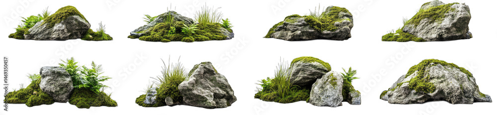 Poster eight isolated mossy rocks with lush green foliage each rock has a unique shape and size they are pe