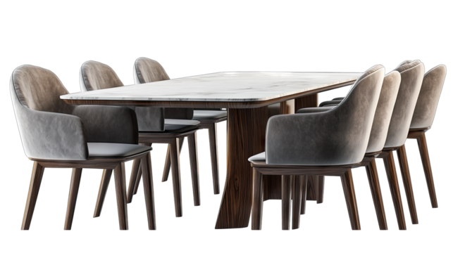 A Modern Dining Table Set With Six Chairs Featuring A White Marble Tabletop And Wooden Base The Chairs Are Upholstered In A Soft Grey Fabric And Have A Sleek Modern Design