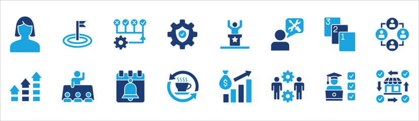 Business and management icon set. Contains symbol of businessman, target, finance, financial, success, data, customer service, work, money, store, shop, meeting, education, idea. Vector illustration