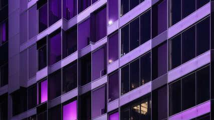 Contemporary high-rise building illuminated with vibrant purple window lights against a dark night sky. The symmetrical glass facade and bold lighting create a futuristic and stylish urban atmosphere